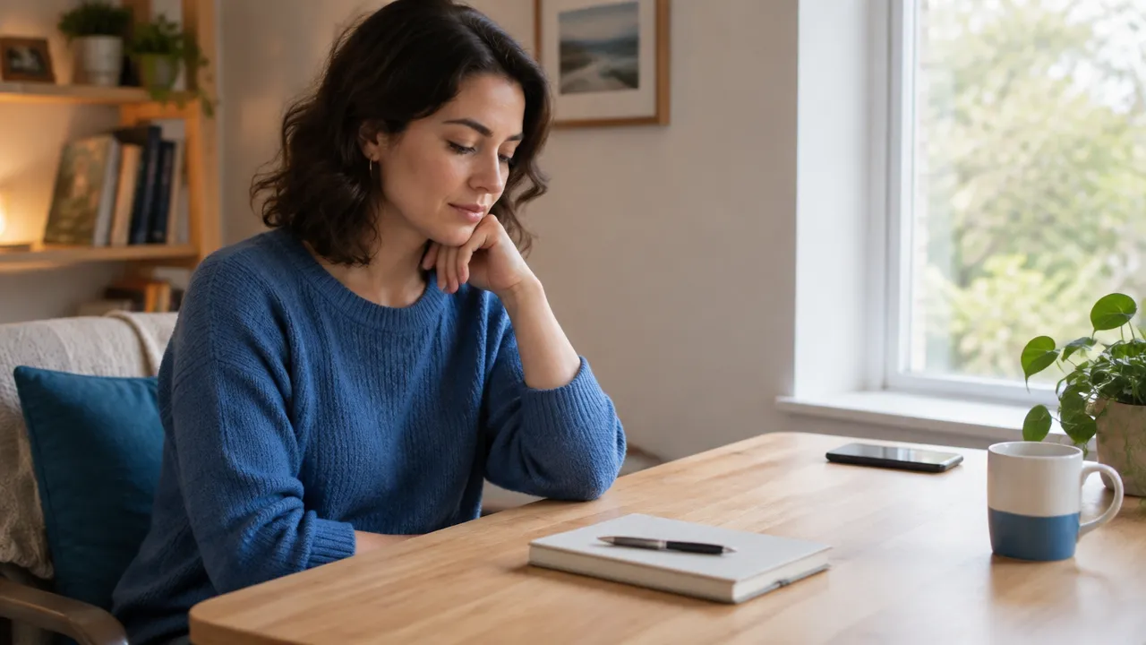 Persona hace una pausa en silencio antes de escribir sobre una decisión importante