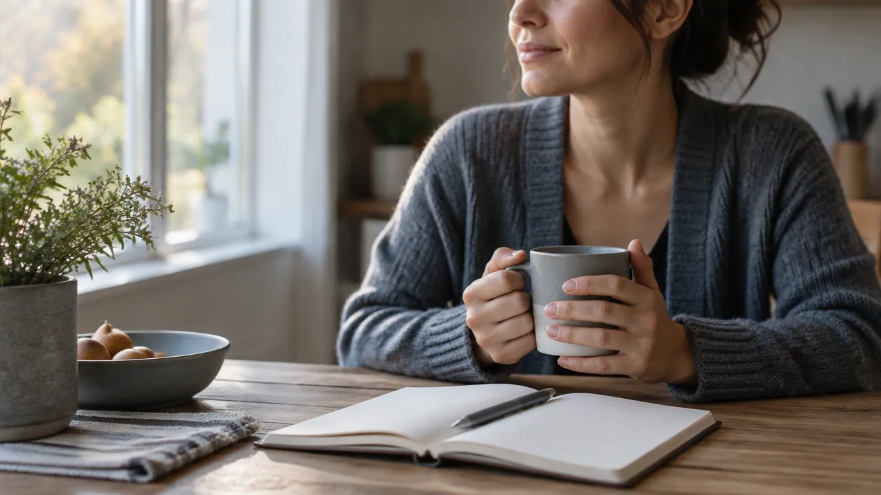 Persona hace una pausa junto a un cuaderno para ordenar sus emociones y elegir un siguiente paso.