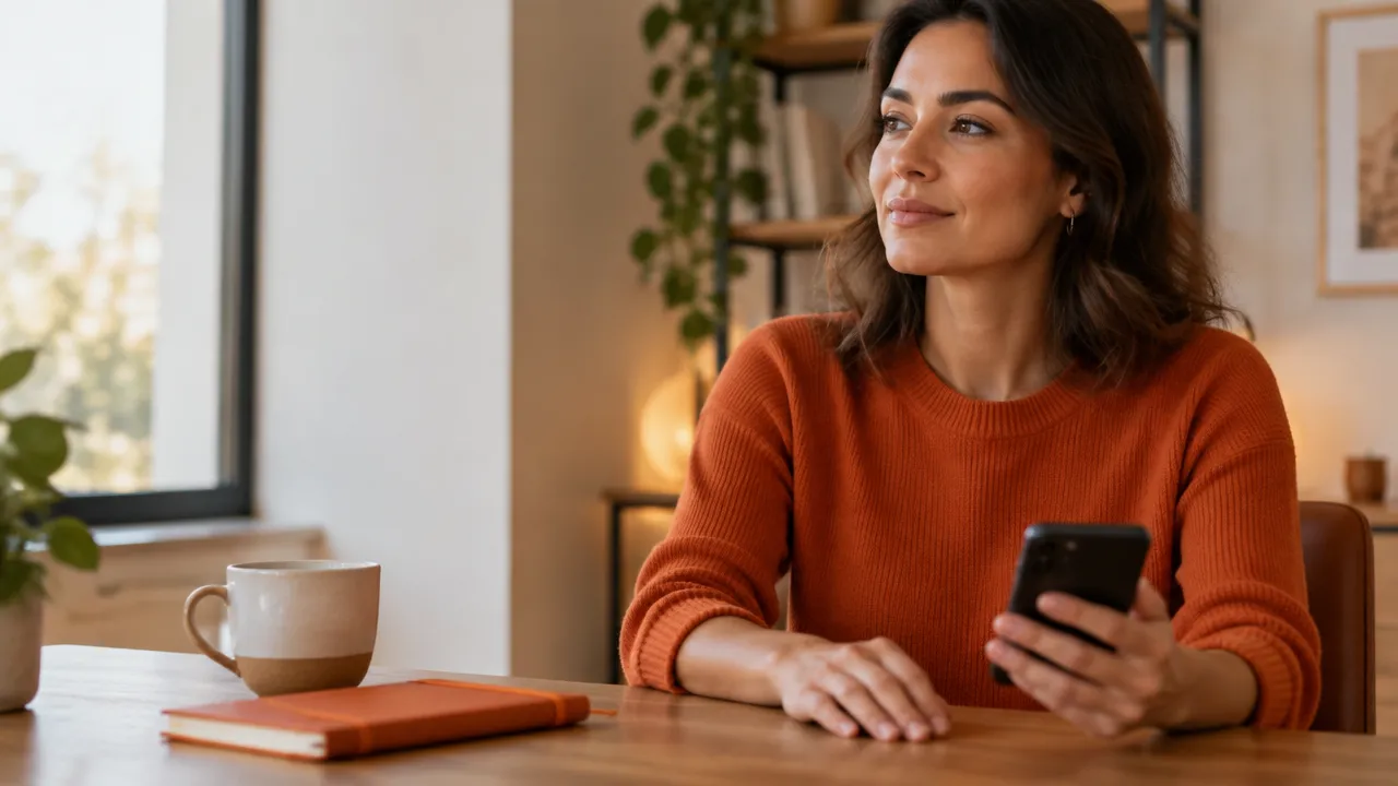 Persona hace una pausa serena antes de responder un mensaje desde su teléfono