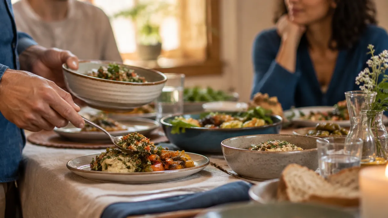Persona haciendo una pausa consciente antes de servirse comida en una reunión social