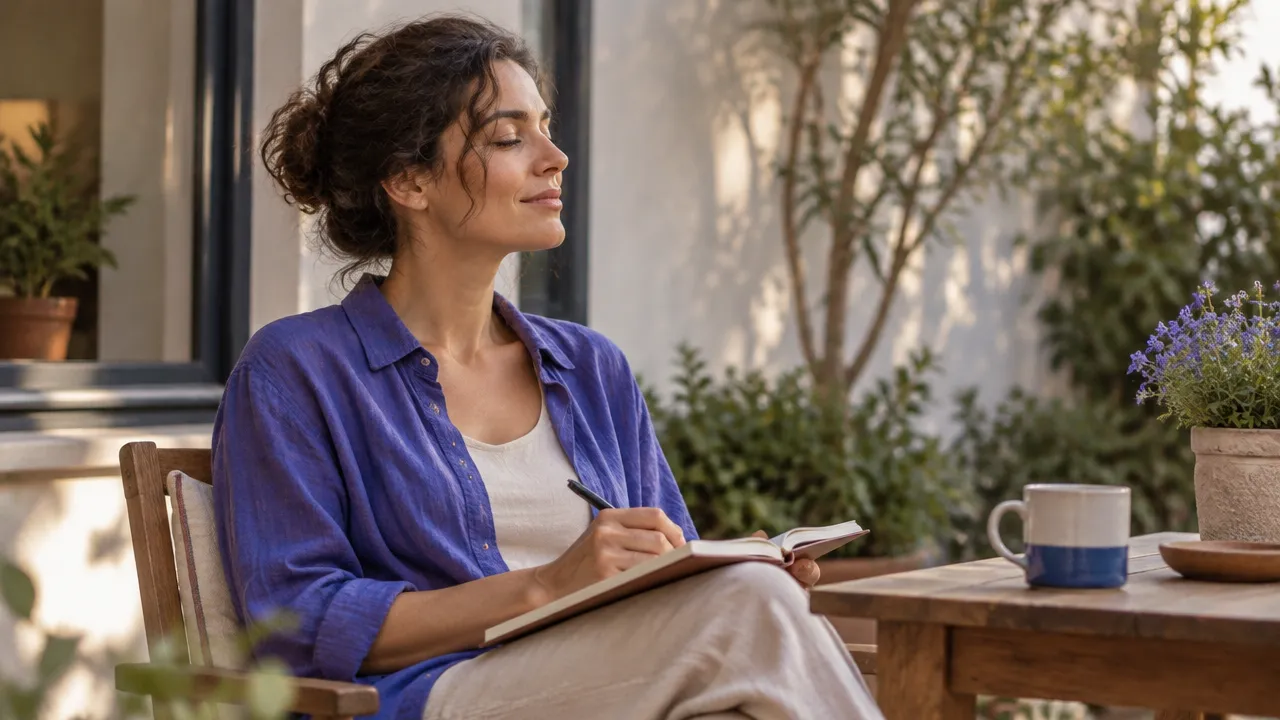 Persona haciendo una pausa consciente y anotando pequeños pasos para recuperarse del agotamiento laboral