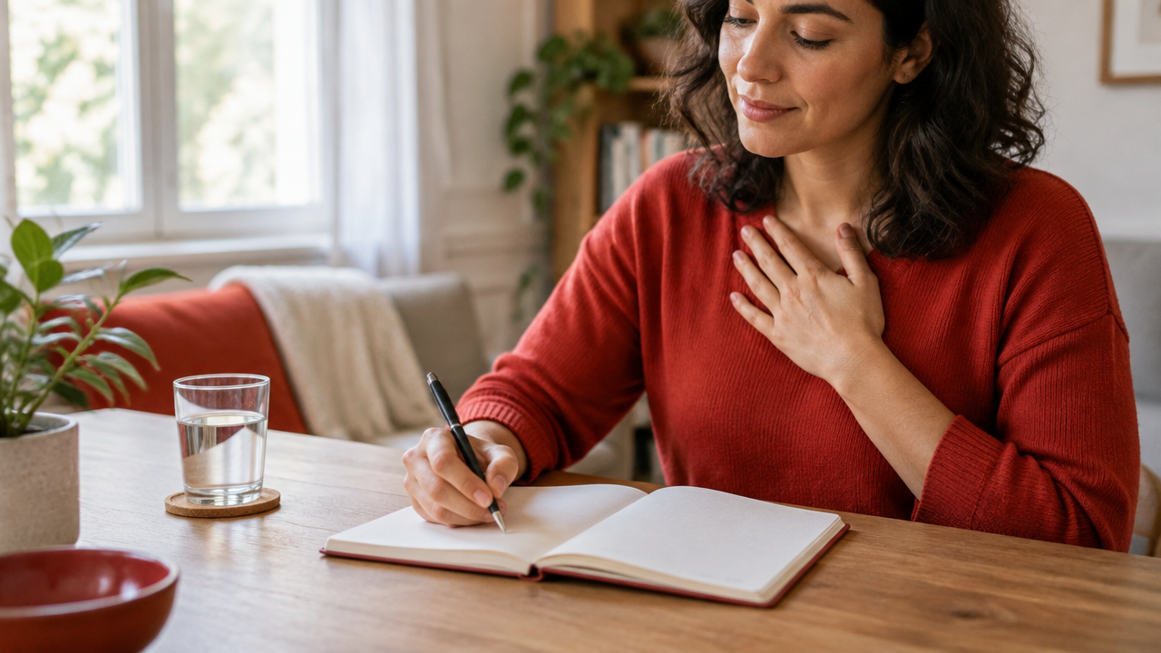 Persona haciendo una pausa para respirar y escribir antes de responder a una emoción intensa
