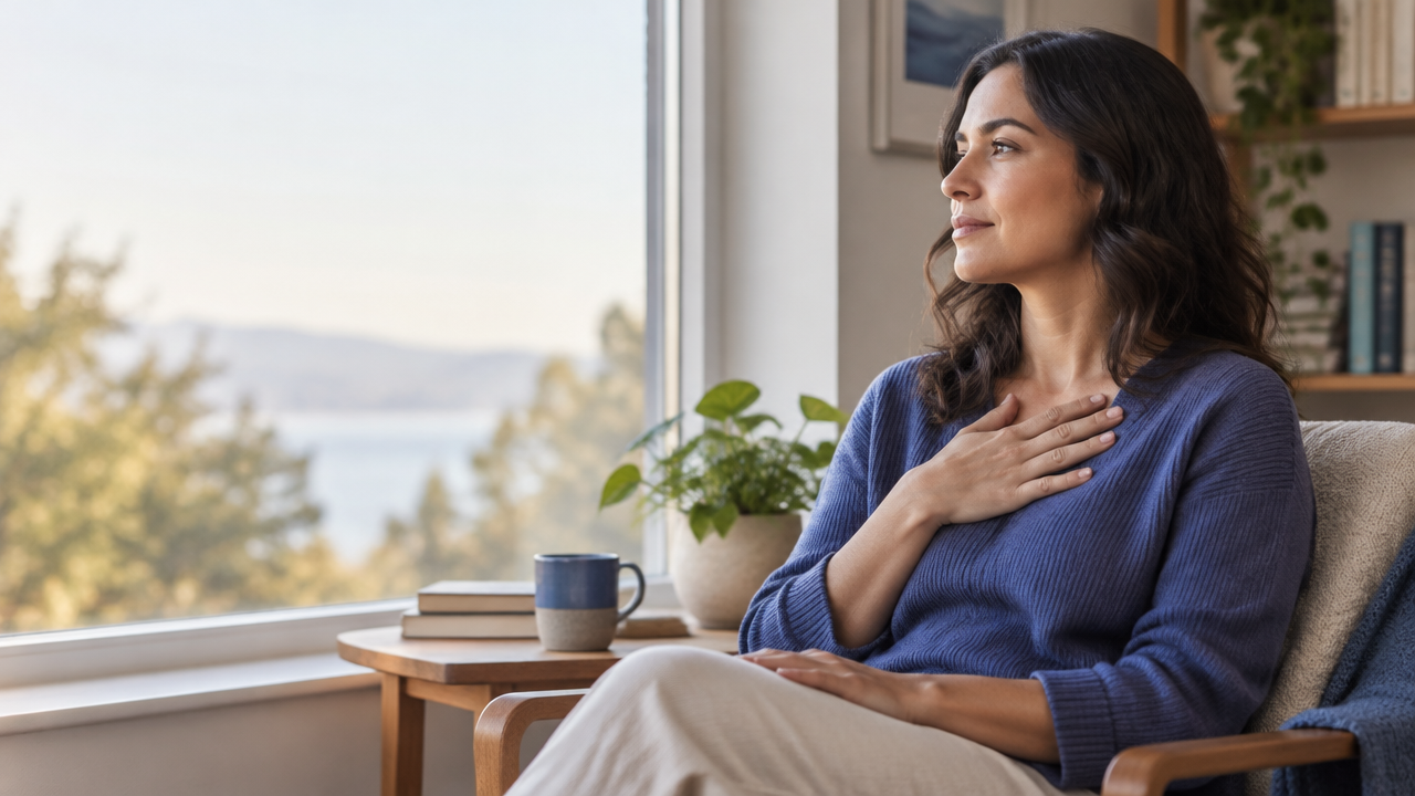 Persona haciendo una pausa tranquila para reconocer sus emociones junto a una ventana