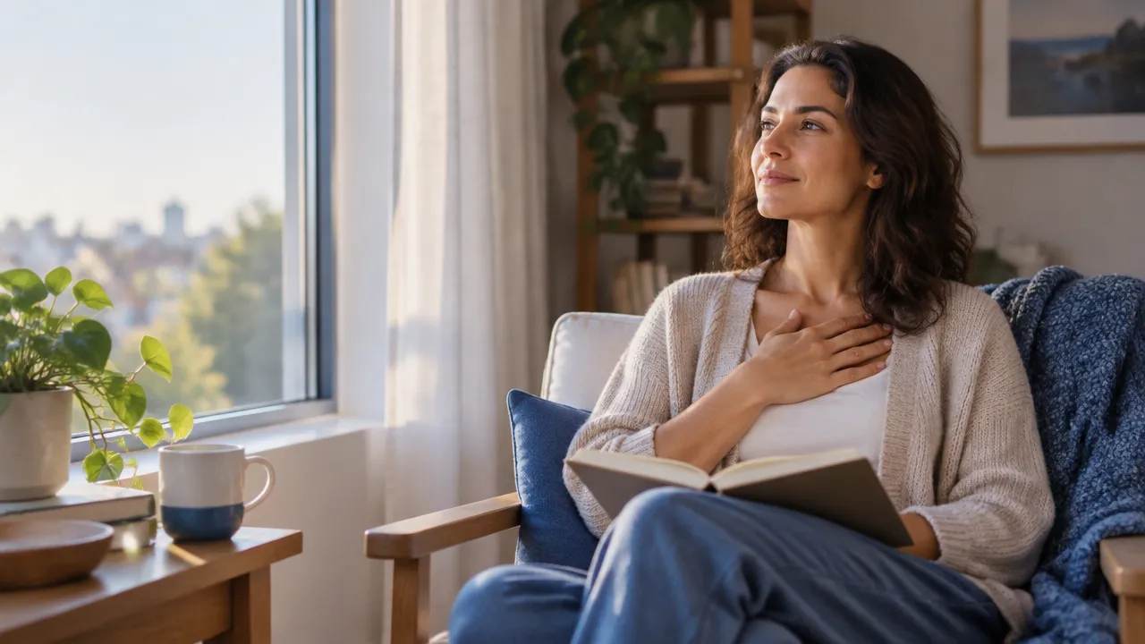 Persona junto a una ventana que hace una pausa consciente para observar sus emociones y escribir en un cuaderno