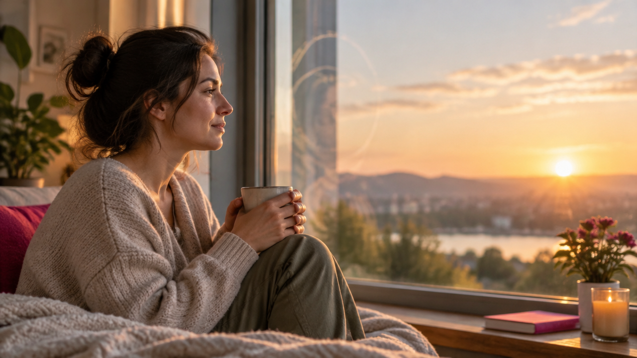 Persona junto a una ventana reflexionando mientras la luz de la mañana sugiere una salida del ciclo de pensamientos repetitivos.