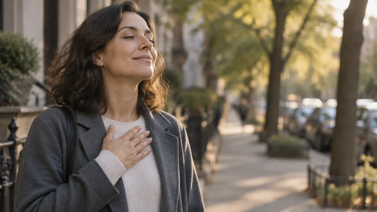 Persona observa su respiración durante una pausa consciente en un paseo por la ciudad.