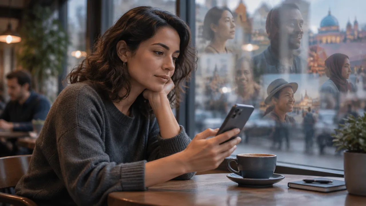 Persona observa su teléfono y reflexiona sobre cómo las imágenes y relatos digitales influyen en la autopercepción.