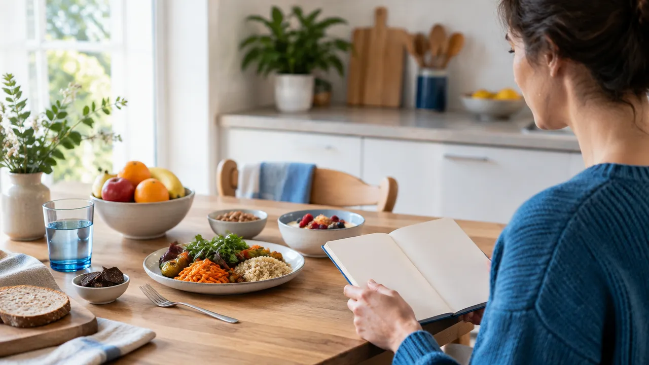 Persona observando con atención una comida cotidiana en una cocina luminosa