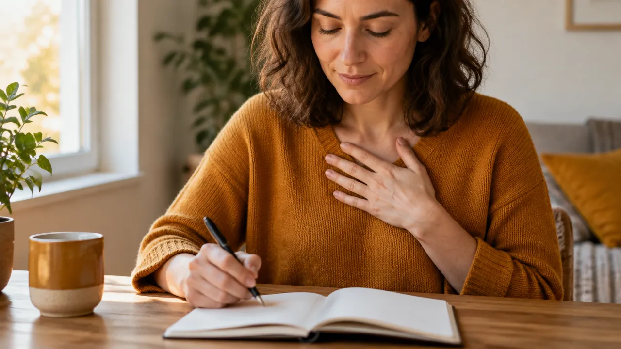 Persona observando con calma una emoción y anotando una reflexión en su cuaderno