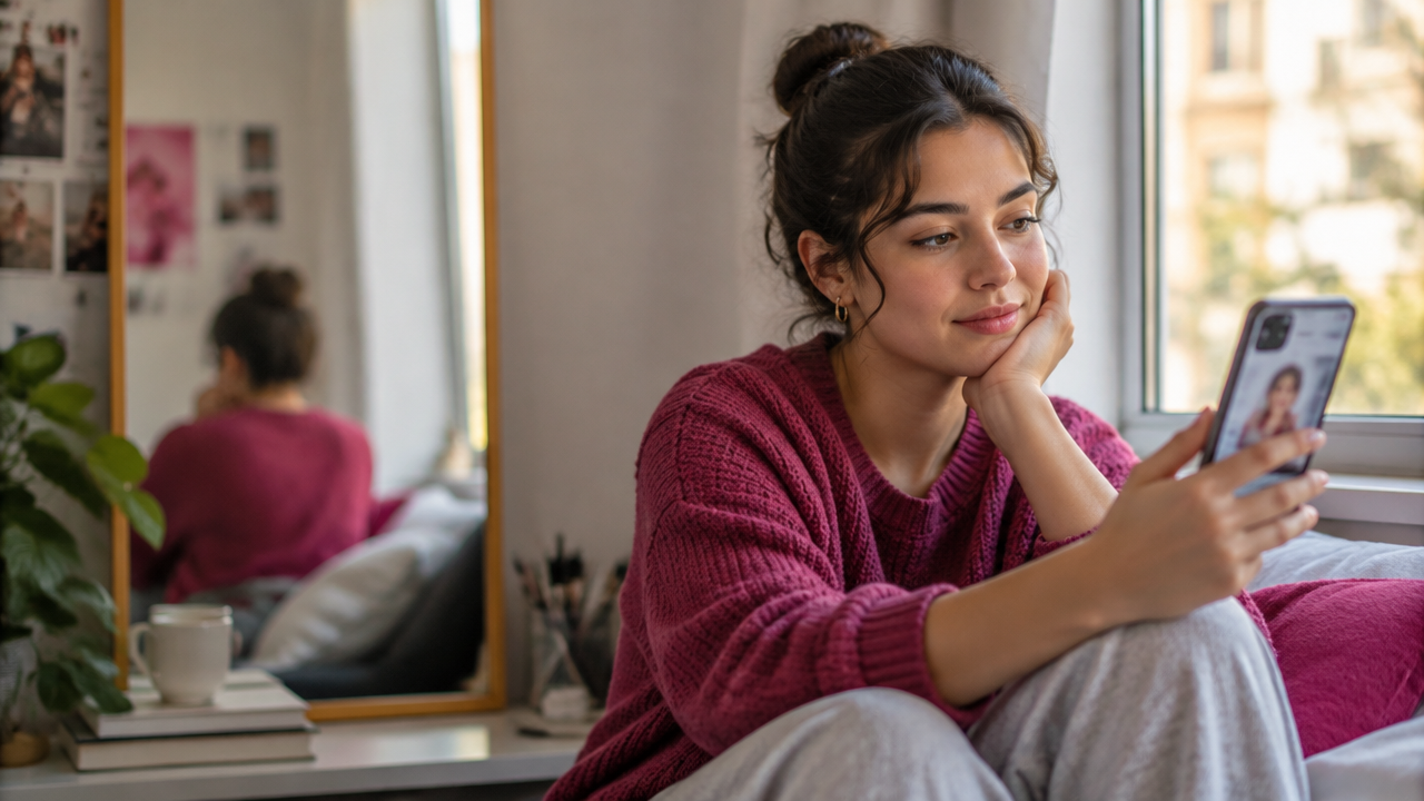 Persona observando su reflejo junto al teléfono, una imagen de la relación entre identidad digital y autopercepción.