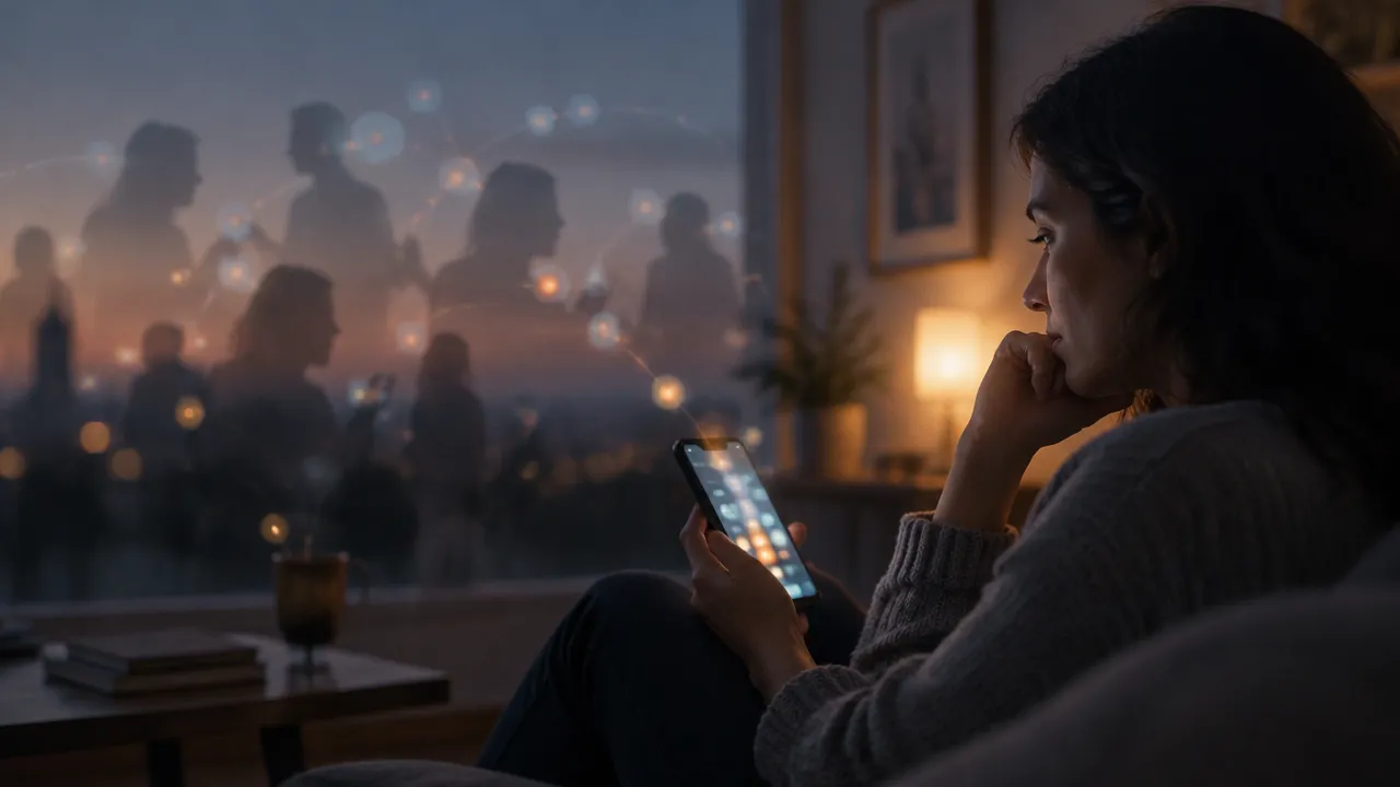 Persona observando su teléfono mientras reflejos sutiles evocan emociones compartidas en una comunidad digital