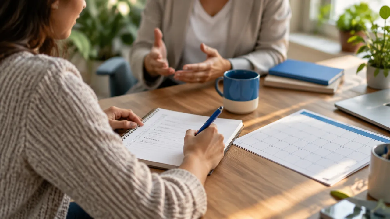 Persona organiza en una libreta pasos concretos para avanzar hacia una meta durante una sesión de coaching