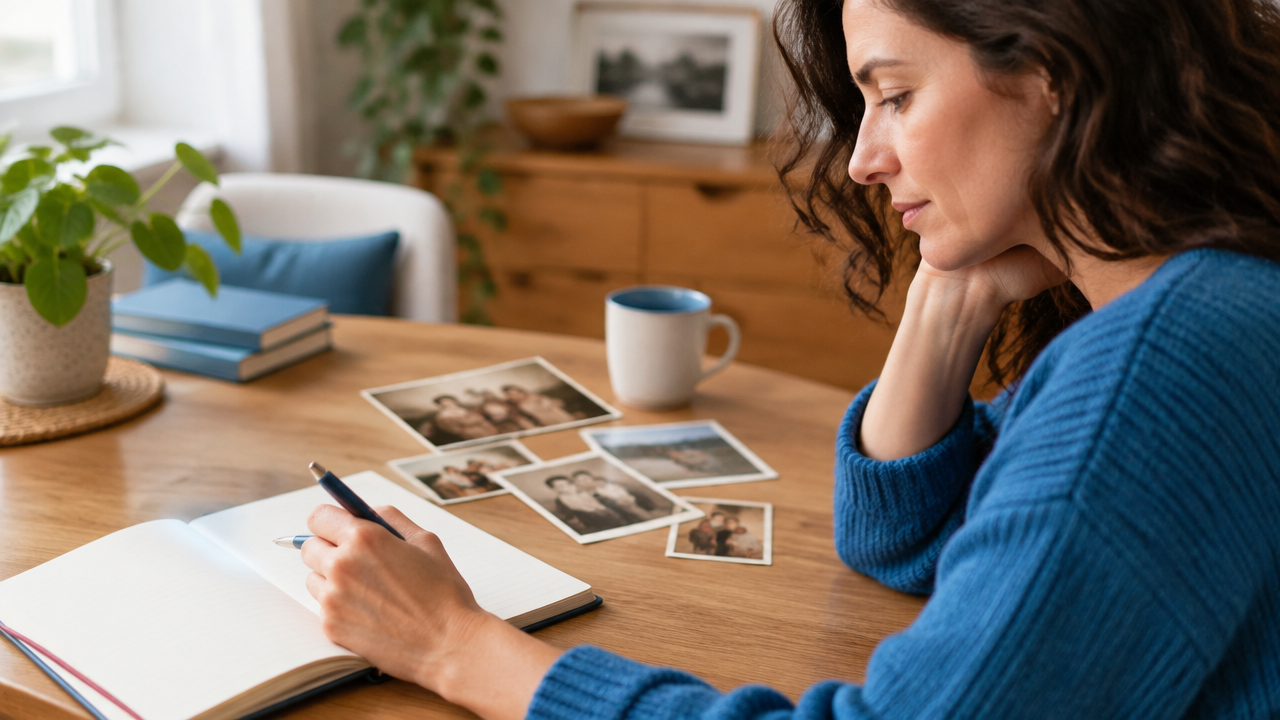 Persona organiza recuerdos y escribe en un cuaderno para identificar patrones familiares repetidos.