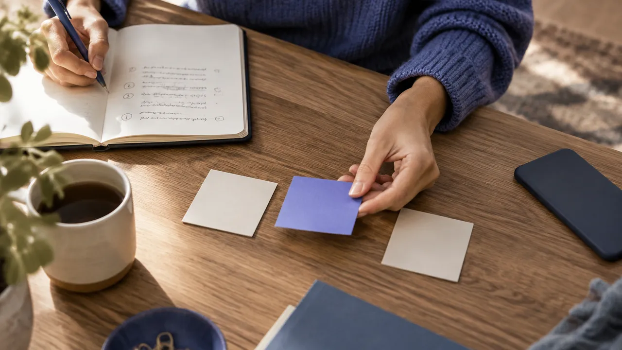 Persona organizando en un cuaderno preguntas y criterios para tomar una decisión consciente