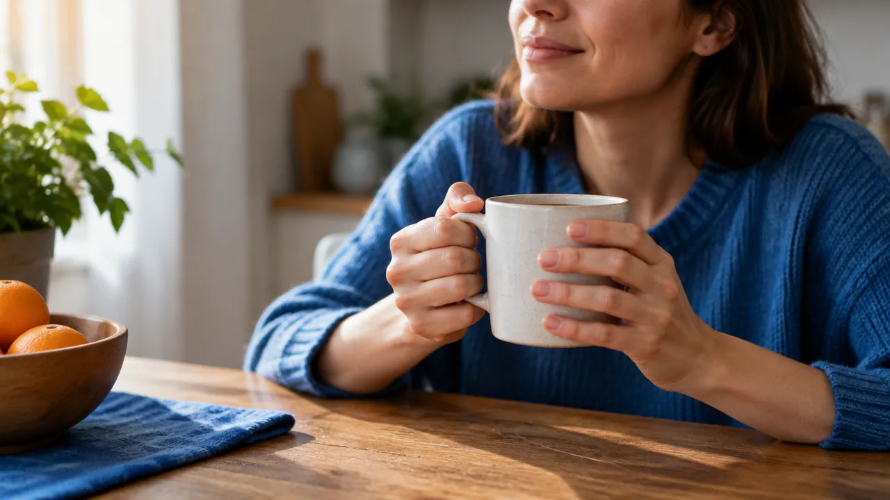 Persona practica atención consciente al notar el calor de una taza durante una pausa cotidiana