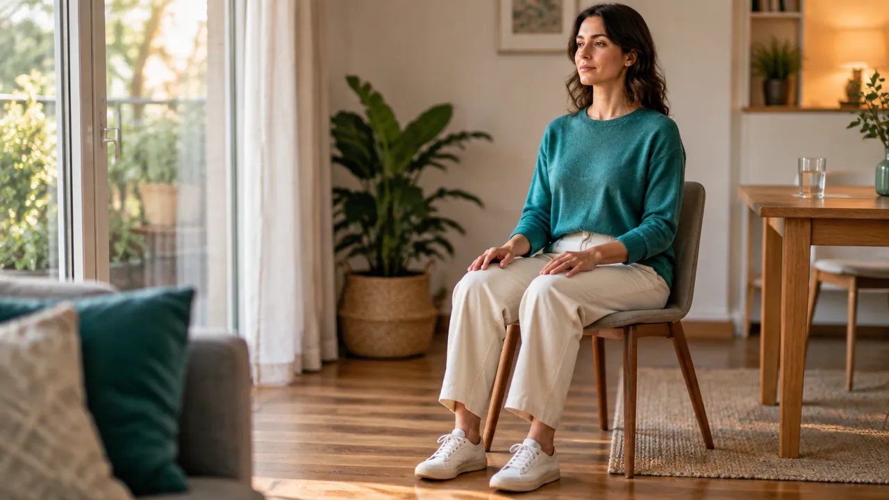 Persona practica una pausa de grounding con los pies apoyados en el suelo y atención en el presente.