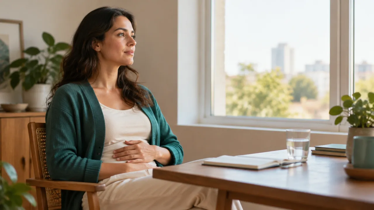 Persona practica una pausa de respiración y autoobservación junto a una ventana