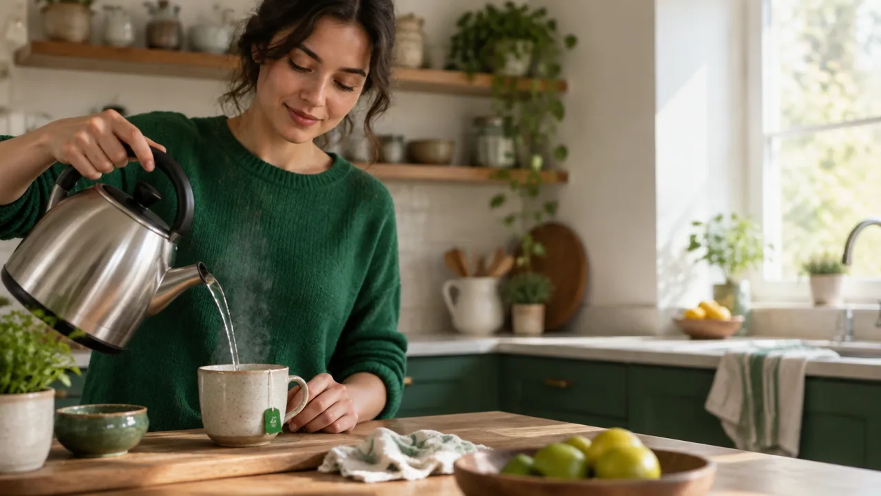 Persona practicando atención plena mientras prepara una taza de té
