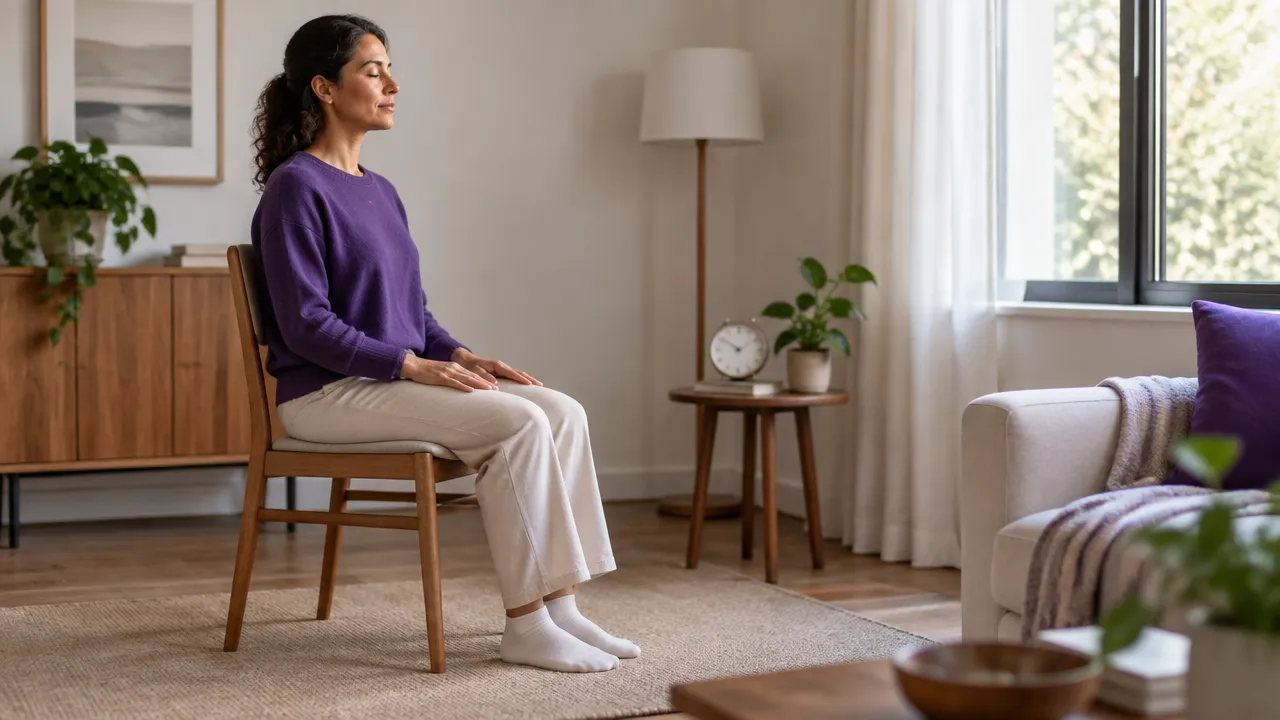 Persona practicando una breve meditación en una silla, con los pies apoyados y una postura cómoda