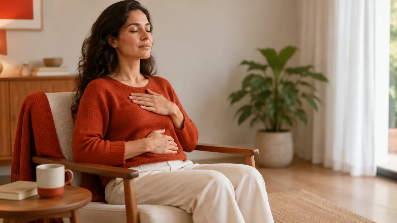 Persona practicando una pausa de respiración consciente en casa para regular la tensión y recuperar la calma.