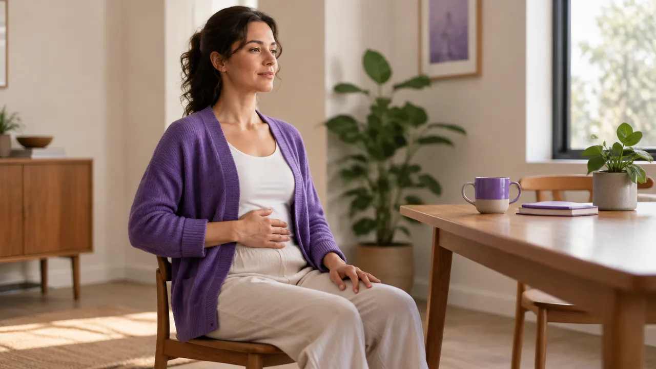 Persona practicando una pausa de respiración consciente sentada con los pies apoyados en el suelo