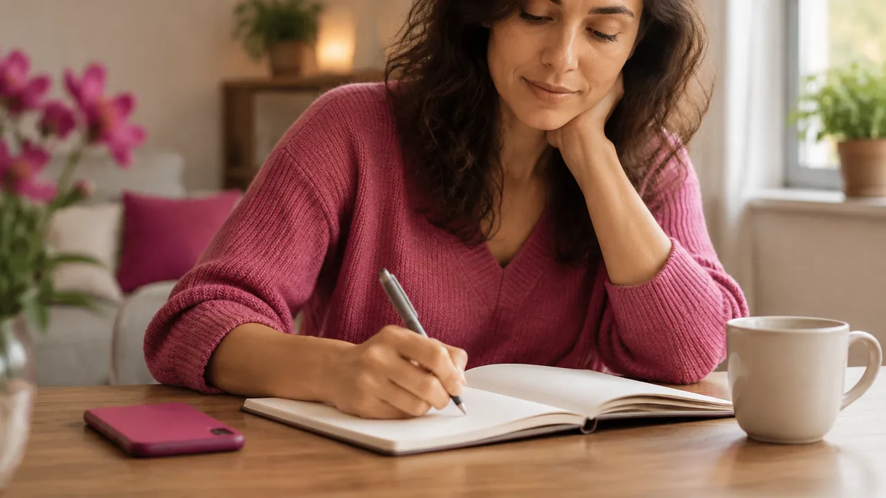 Persona que anota en un cuaderno y deja el móvil a un lado para observar una reacción habitual antes de responder