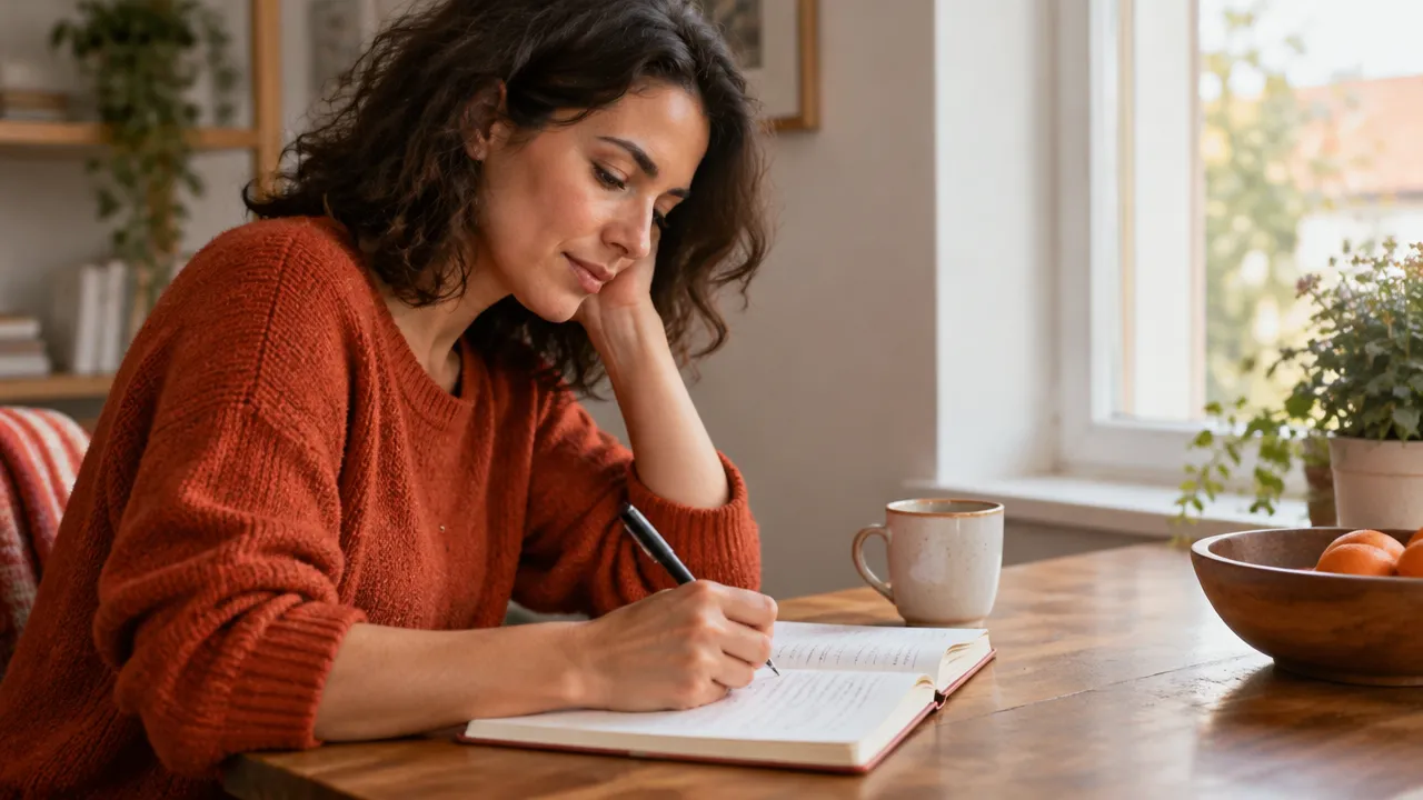 Persona que anota una respuesta más compasiva a sus pensamientos autocríticos en un cuaderno.