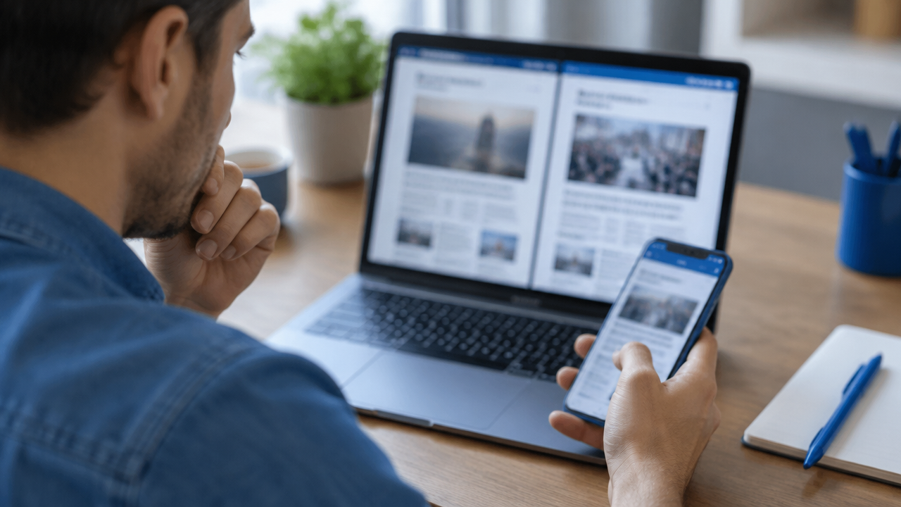 Persona que contrasta información en un portátil antes de compartirla en línea