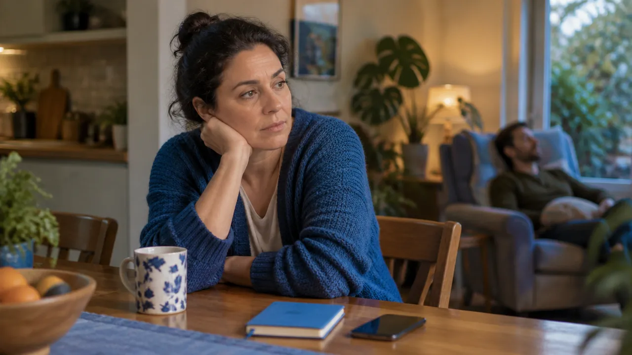 Persona que cuida a un ser querido hace una pausa y reconoce su propio cansancio emocional en casa.
