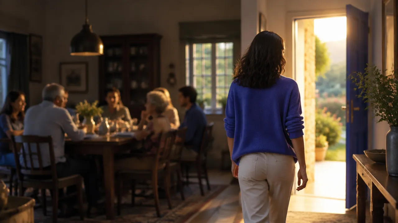 Persona que elige avanzar hacia una nueva etapa mientras su familia queda al fondo, símbolo de romper patrones heredados.