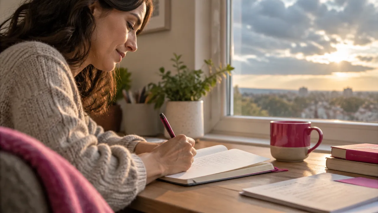 Persona que escribe en un cuaderno mientras reflexiona sobre cómo adaptarse a cambios e incertidumbre.