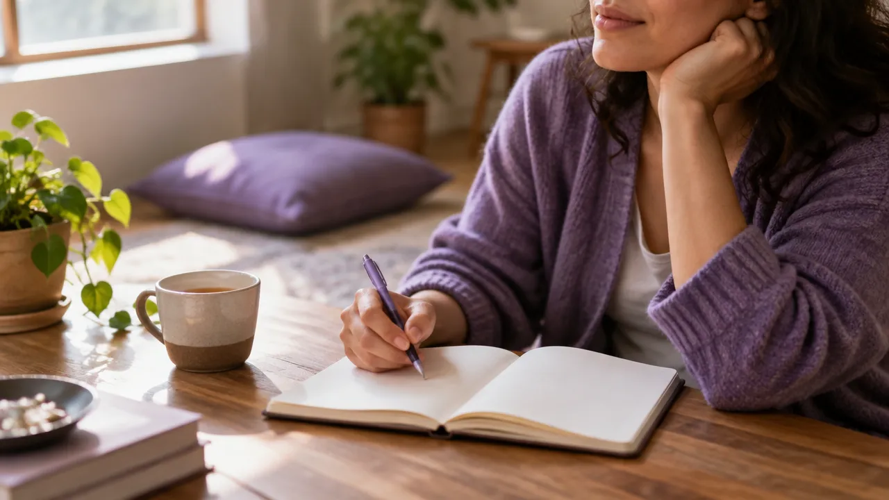 Persona que escribe en un cuaderno para observar sus emociones y revisar su práctica espiritual sin juzgarse