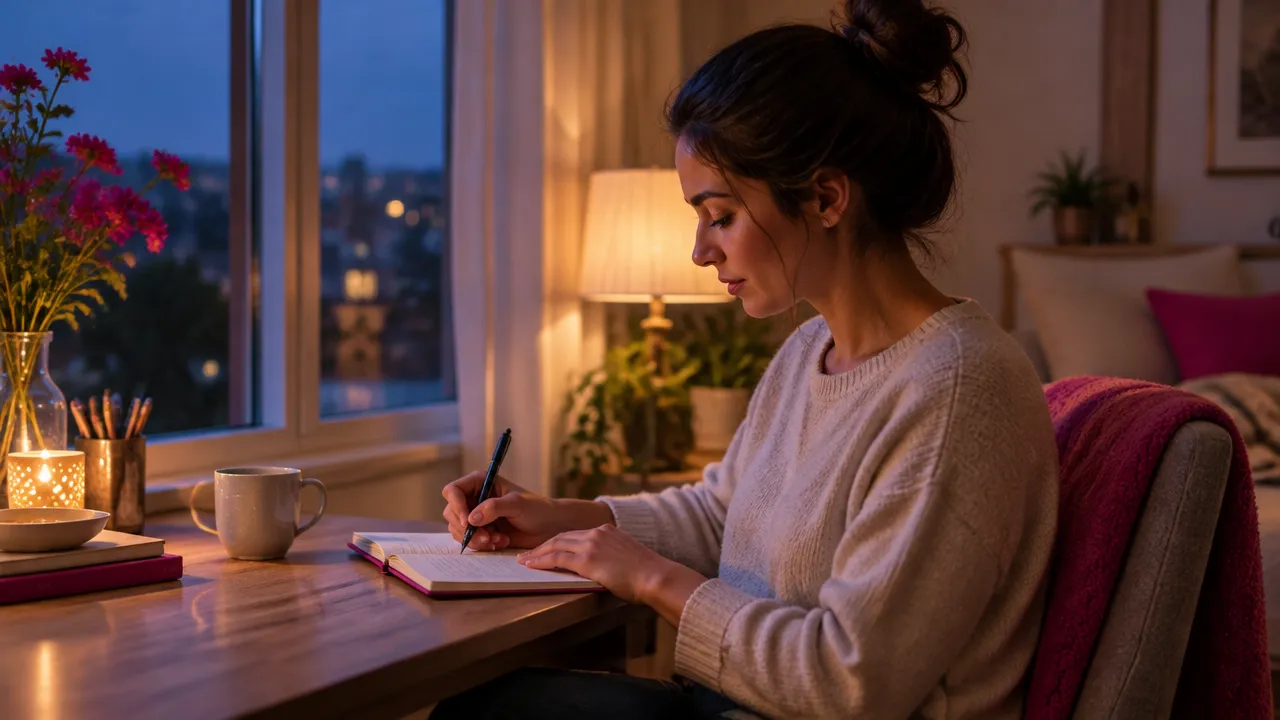Persona que escribe en un diario por la noche para reconocer preocupaciones y emociones