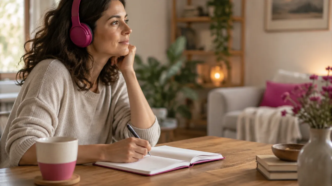 Persona que escucha música y anota en un cuaderno las emociones que observa