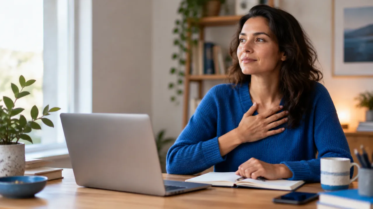 Persona que hace una pausa consciente ante la frustración en un espacio de trabajo tranquilo