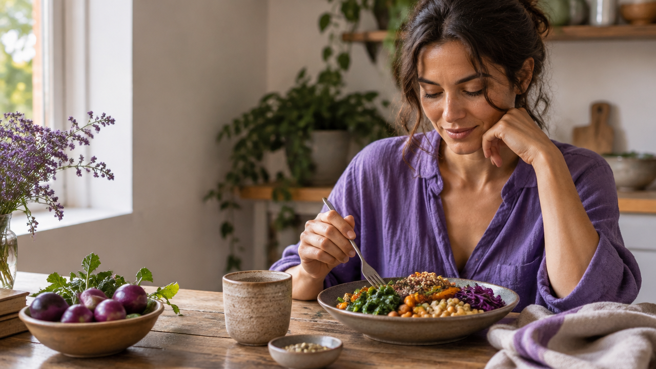 Persona que hace una pausa consciente ante una comida sencilla de verduras y legumbres