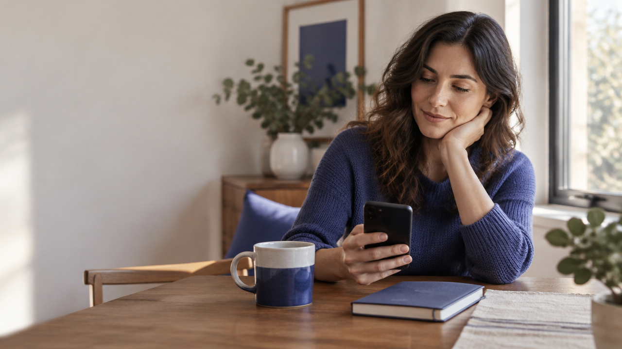Persona que hace una pausa consciente antes de usar el teléfono en un espacio tranquilo