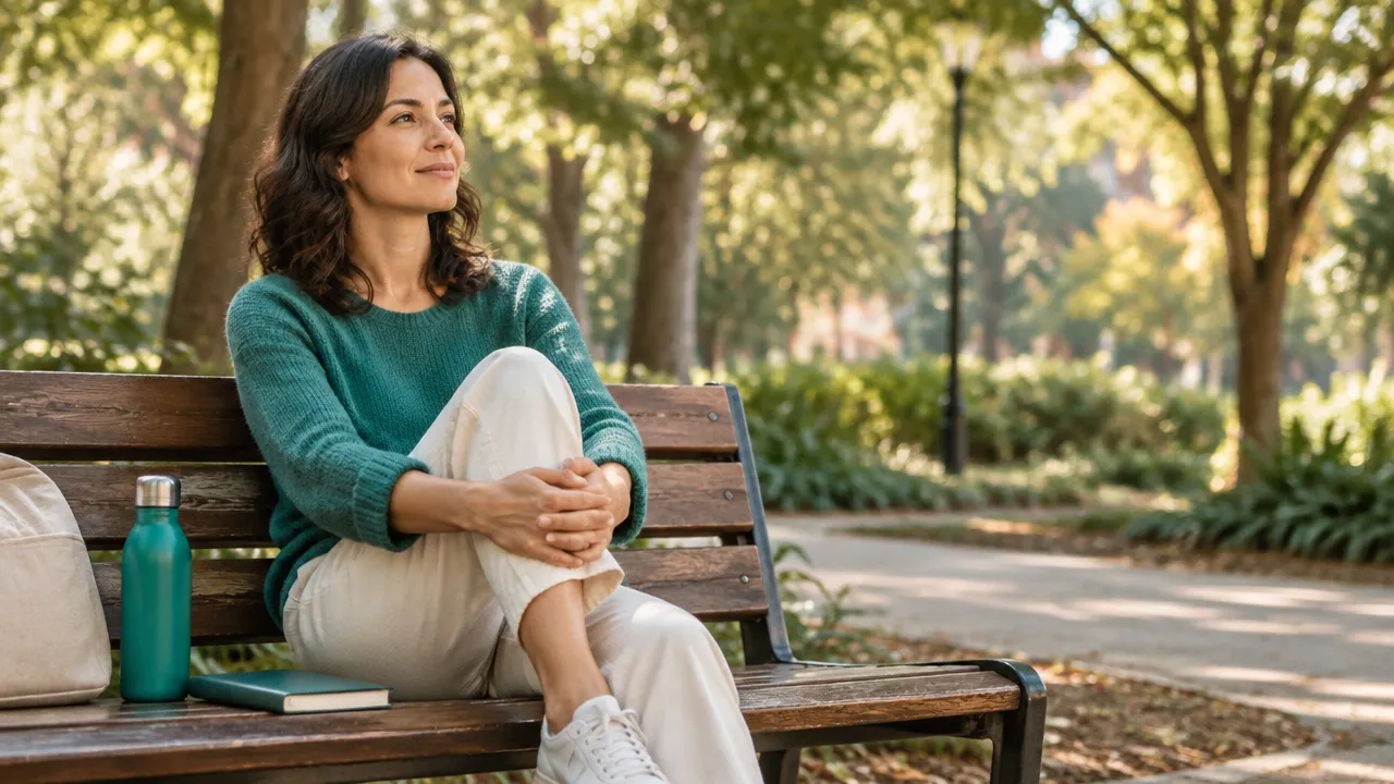 Persona que hace una pausa consciente en un parque como parte de sus hábitos de bienestar emocional