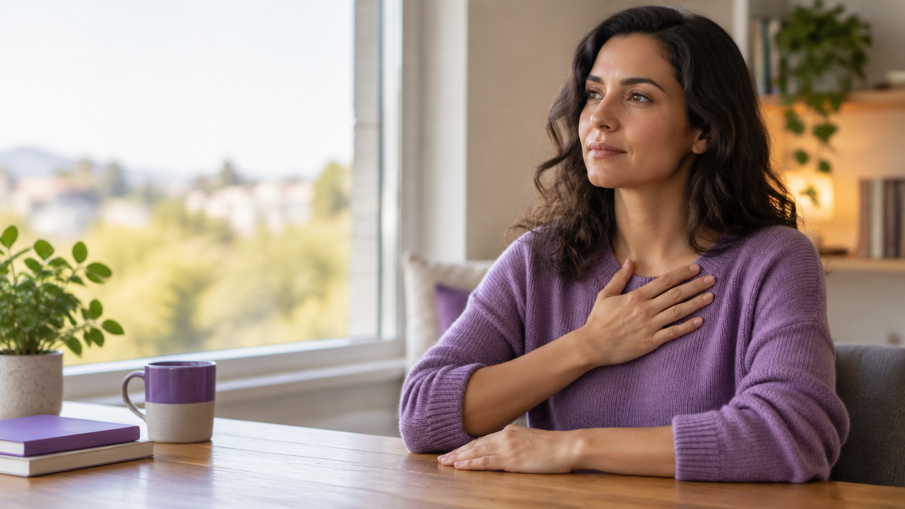 Persona que hace una pausa consciente para reconocer una emoción en un ambiente tranquilo