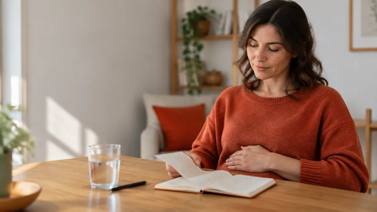 Persona que hace una pausa para notar su respiración y anotar qué siente en un cuaderno.