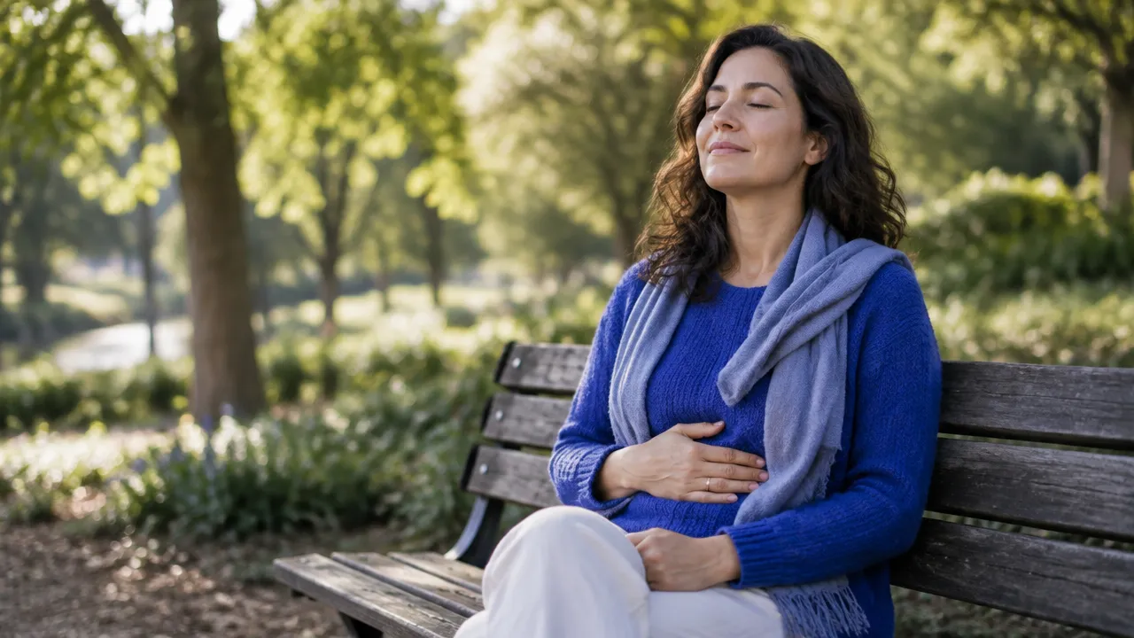 Persona que hace una pausa para respirar con calma en un parque tranquilo