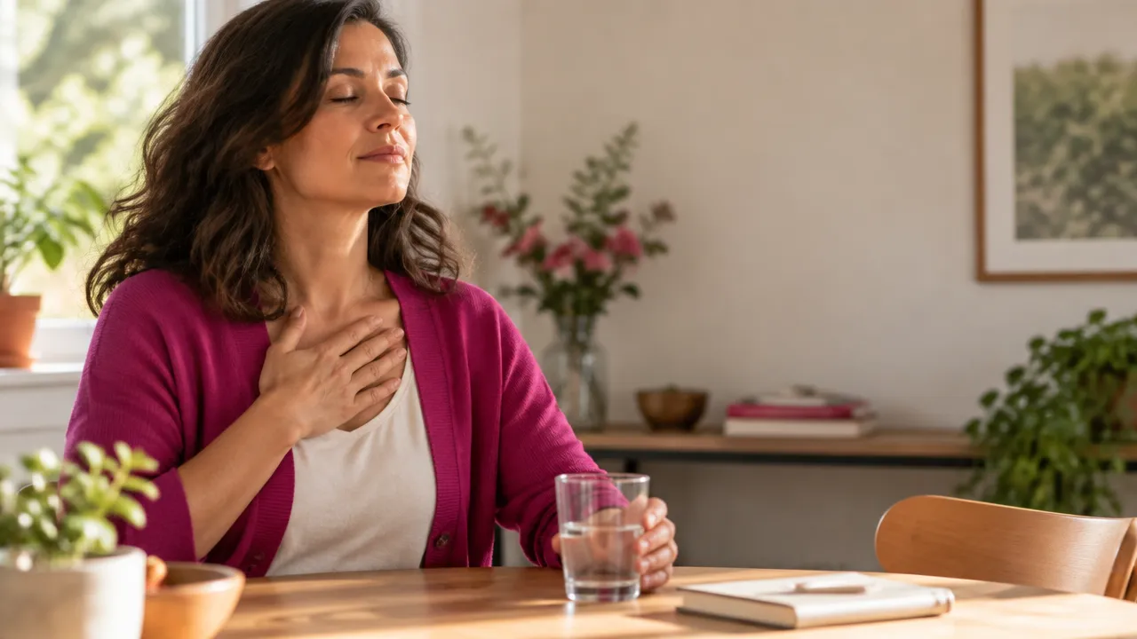 Persona que hace una pausa y observa sus sensaciones antes de responder en una conversación