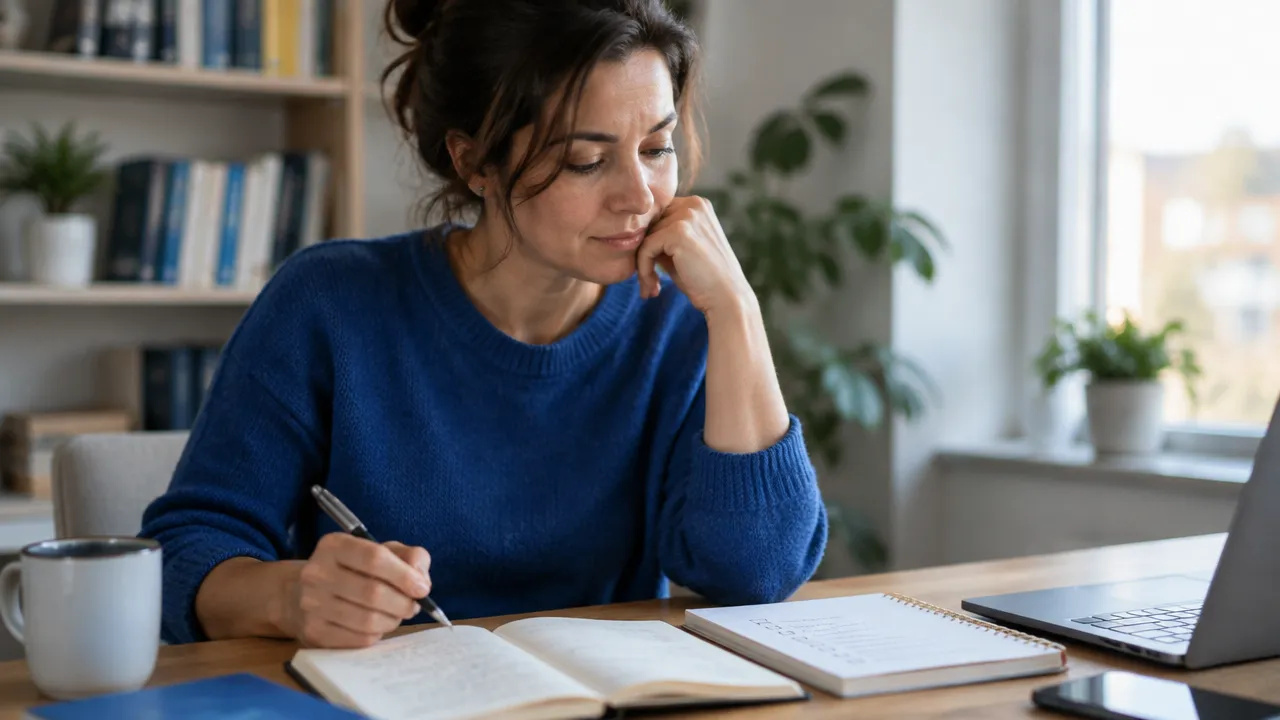 Persona que observa con autocrítica una tarea terminada y aprende a reconocer el foco constante en lo que falta