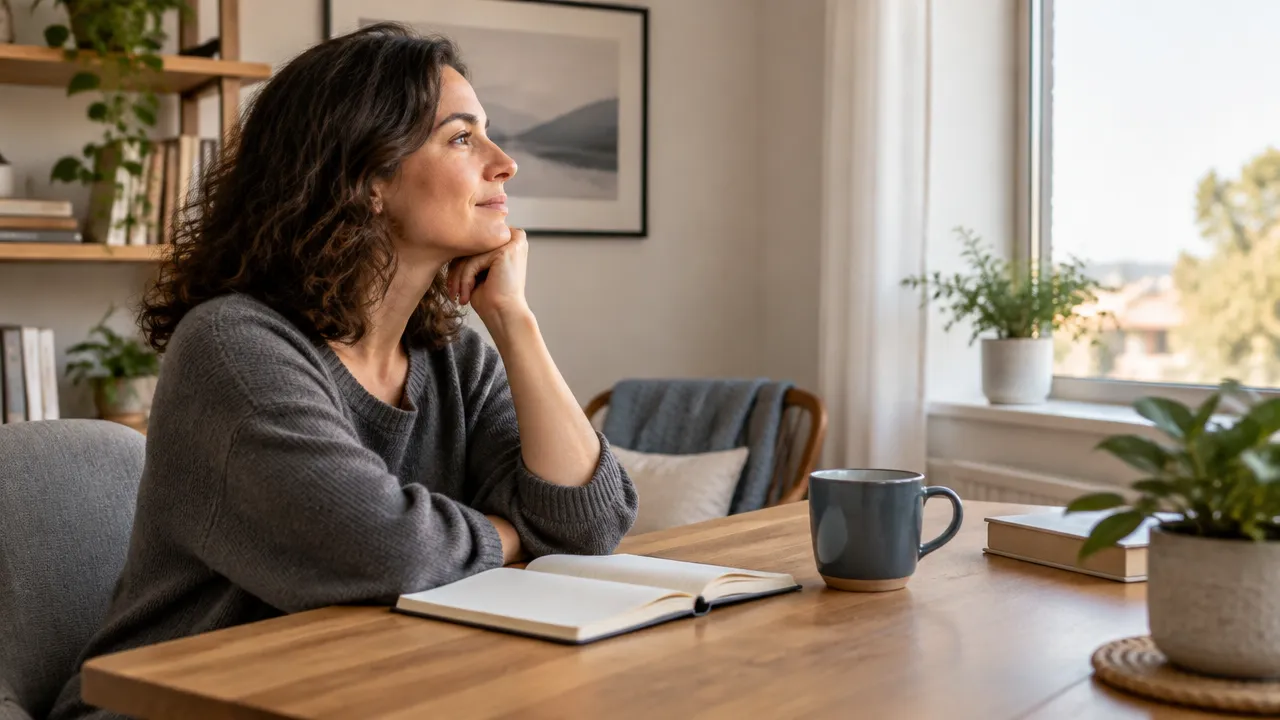 Persona que observa con calma sus pensamientos y emociones durante una pausa de reflexión.