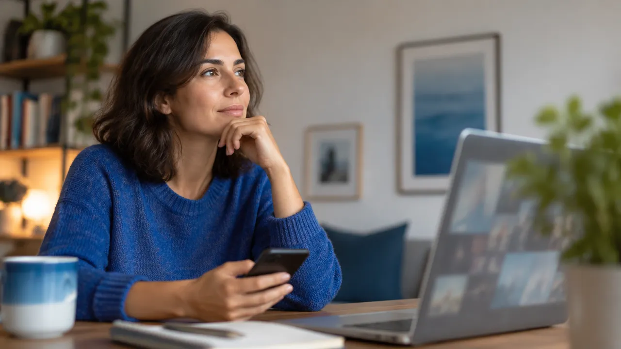 Persona que observa críticamente el contenido de su teléfono antes de reaccionar