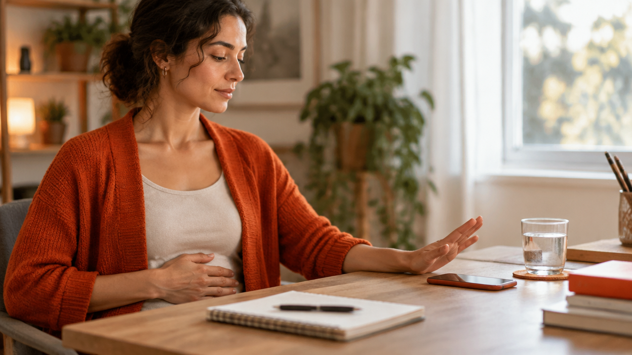 Persona que hace una pausa antes de responder un mensaje y observa sus sensaciones