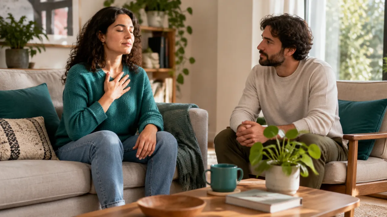 Persona que practica una pausa de anclaje mientras alguien de confianza le ofrece escucha y compañía