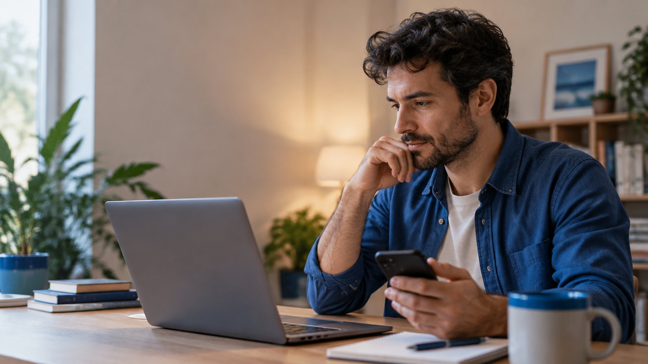 Persona que reflexiona antes de publicar contenido desde su portátil en un entorno digital