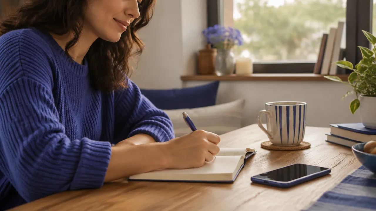 Persona que reflexiona en un cuaderno sobre qué hábitos de autocuidado responden a sus valores