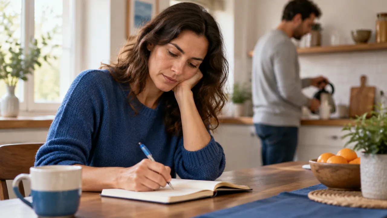 Persona que registra en un cuaderno lo que sintió después de una conversación difícil para responder con más conciencia.